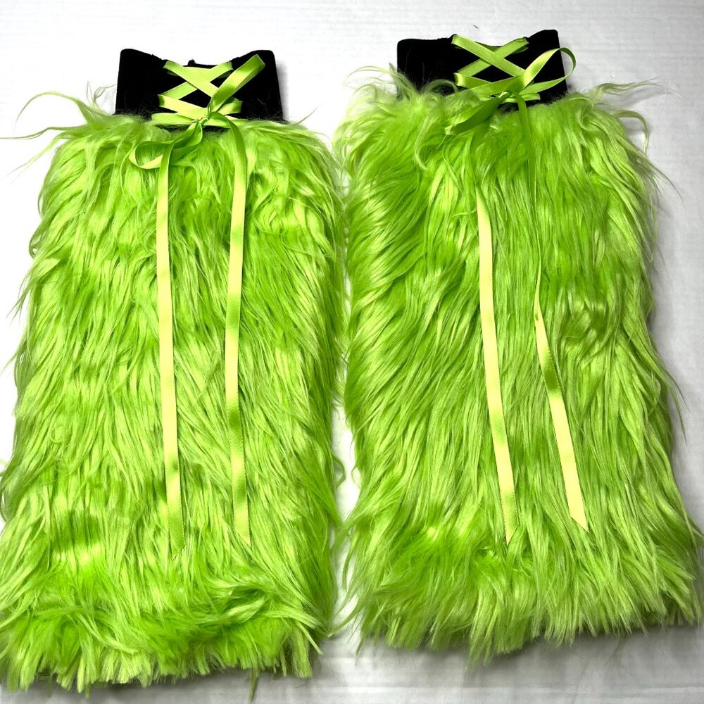 Fur Leg Warmers Neon Green Boot Covers Corset Legwarmer Lace Up Festival Costume